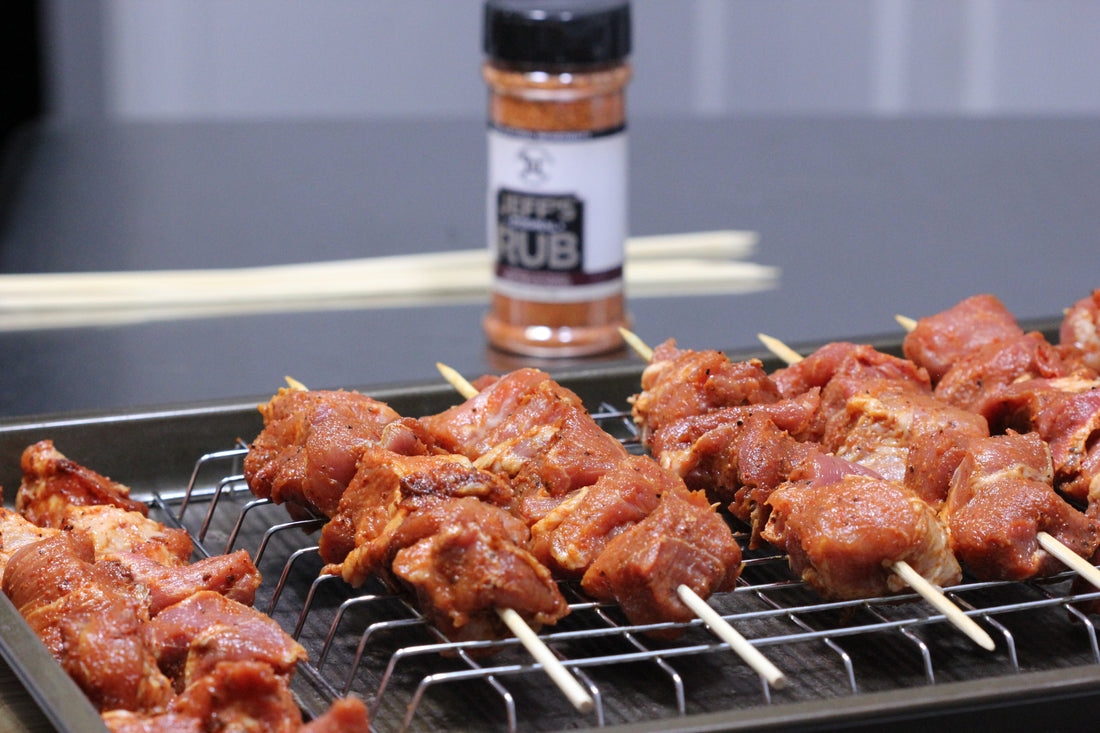 Using the Original Rub on pork butt skewers
